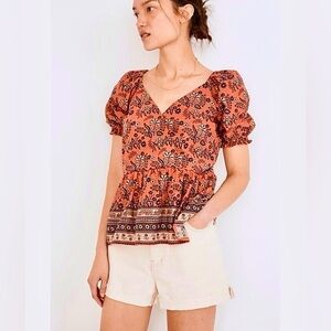 MADEWELL Puff Sleeve Peplum Top in Cavoli Floral Navy/Burnt Orange Women’s M
